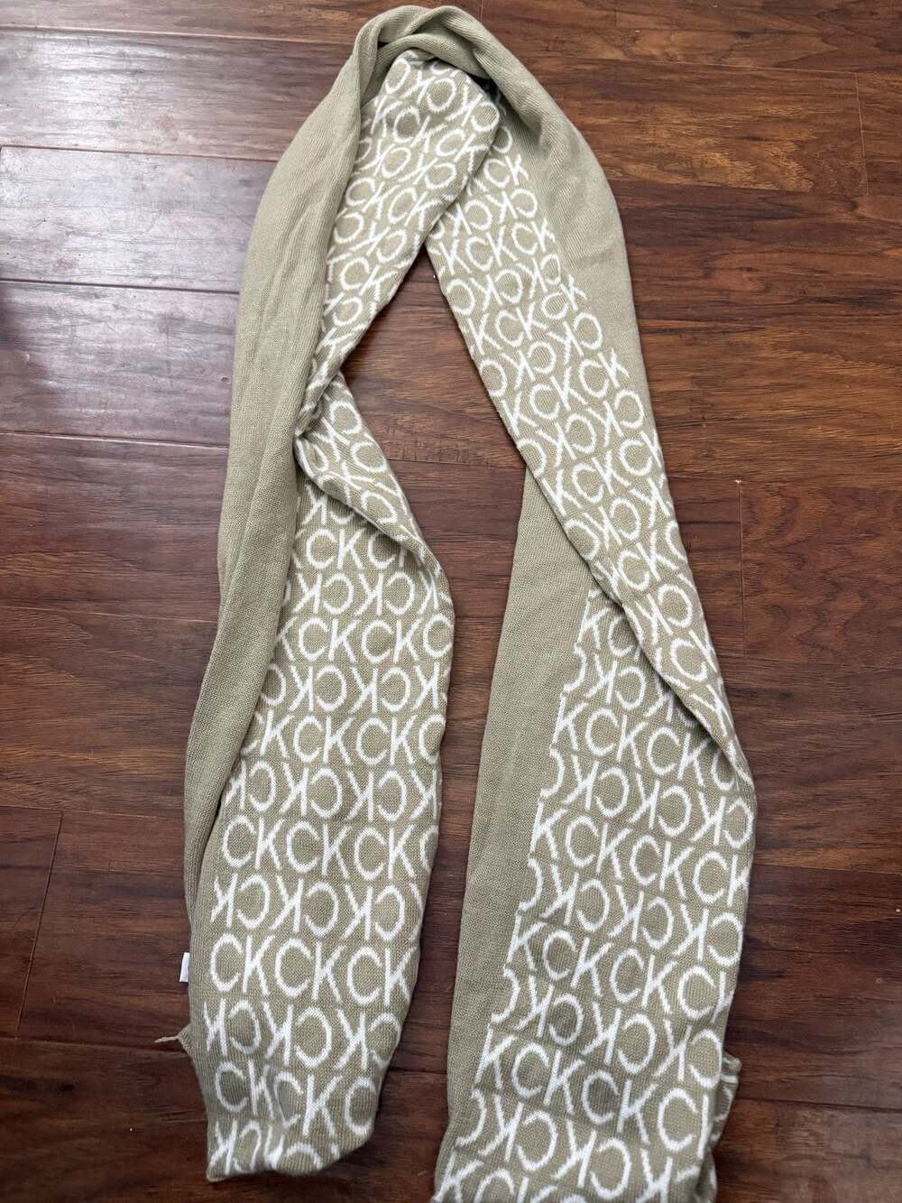 Calvin Klein Reversible CK Logo Jacquard Knit Scarf in Almond Beige